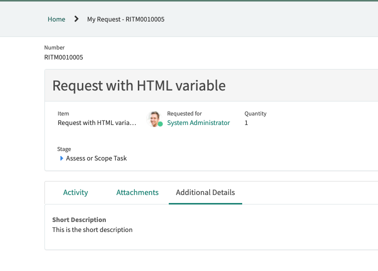 Servicenow Requested Item with an HTML variable in Service Portal. Out of the box: Variable not displayed.