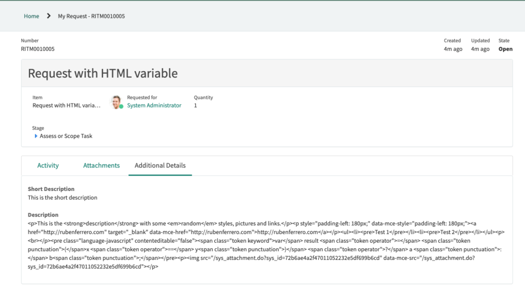 Servicenow Requested Item with an HTML variable in Service Portal. Workaround: Tags displayed.