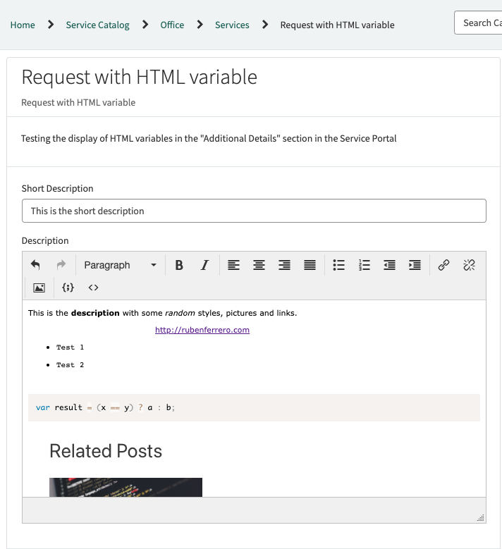 Servicenow Request with an HTML variable in Service Portal 