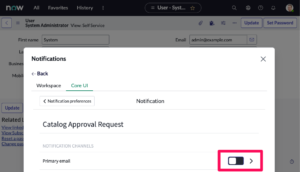 Servicenow Notification Preferences: System Notifications (popup)