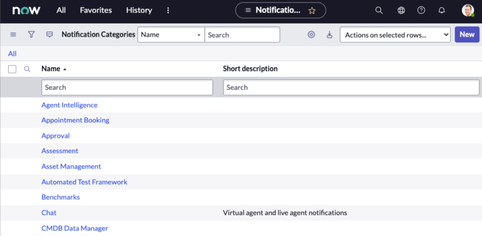 Notification Preferences: Manage Categories in Notification Categories table