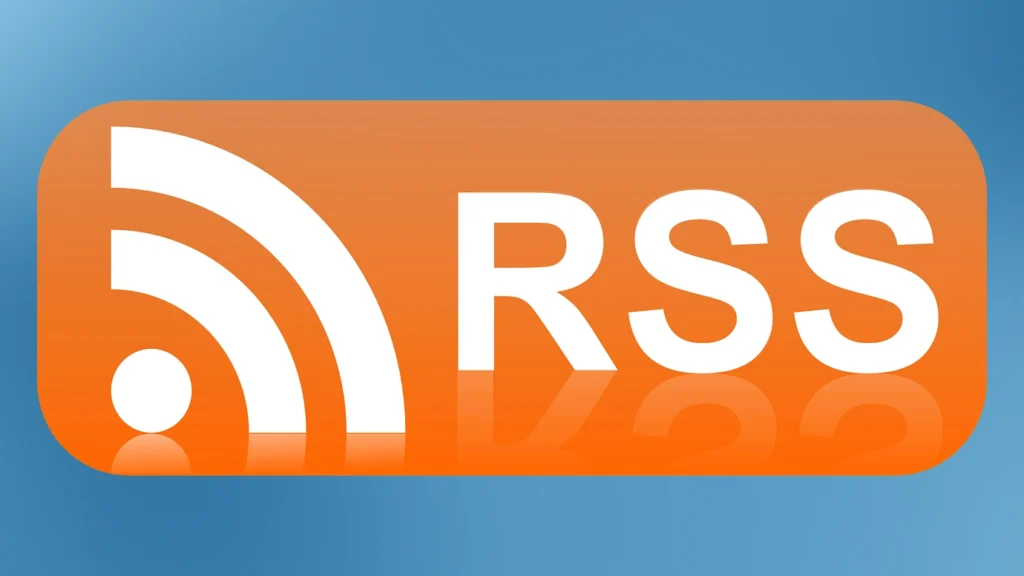 Orange RSS icon with white RSS text on blue background