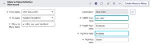 ServiceNow M2M definition form showing sys_user field name (highlighted in blue) for User table and incident field name for Incident table