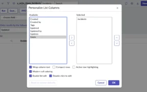 Personalize list columns dialog showing Users field available for selection in ServiceNow M2M table