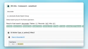 SN Utils code search window showing a search for “documate” in the swissflowit instance, with results listing relevant tables, record counts, and highlighted field matches for rapid code analysis in ServiceNow.