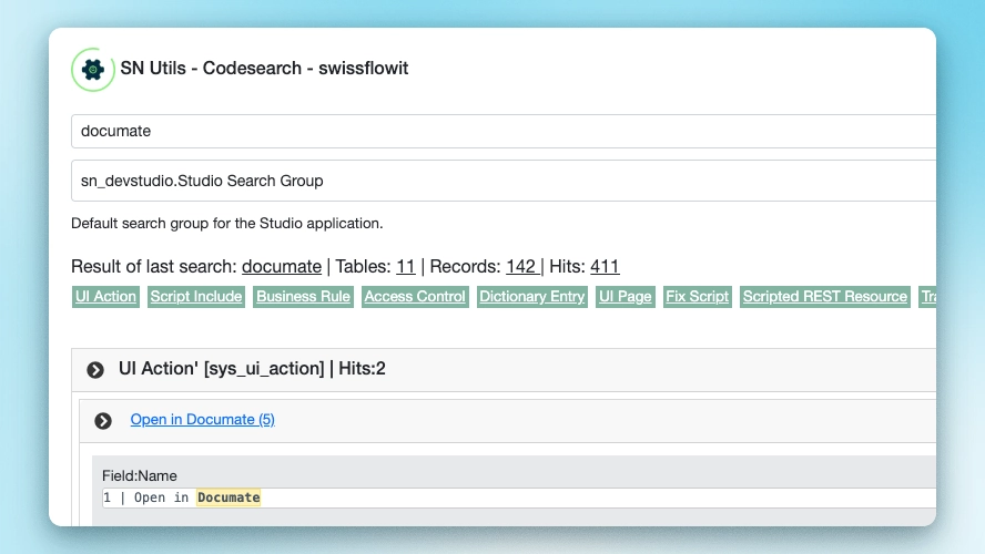 SN Utils code search window showing a search for “documate” in the swissflowit instance, with results listing relevant tables, record counts, and highlighted field matches for rapid code analysis in ServiceNow.