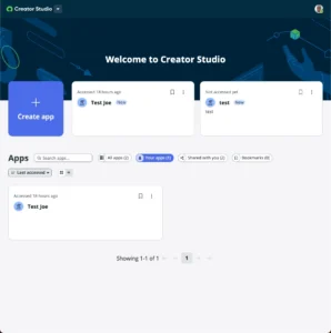 Creator Studio dashboard with one app listed and “Your apps” filter showing correct results for admin user.