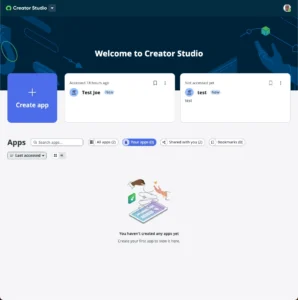 Creator Studio dashboard with “Your apps” filter selected, but no apps are listed due to user id length issue.