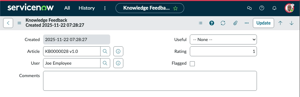 Knowledge Feedback form displaying feedback details and editable fields for the user.