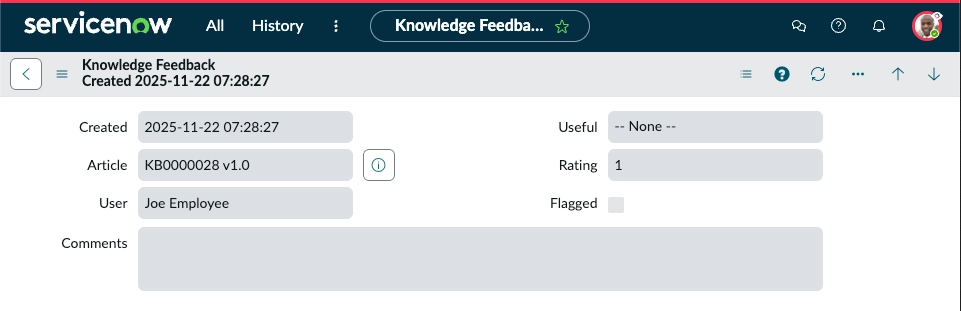 Knowledge Feedback form with most input fields disabled, preventing the user from updating their feedback.