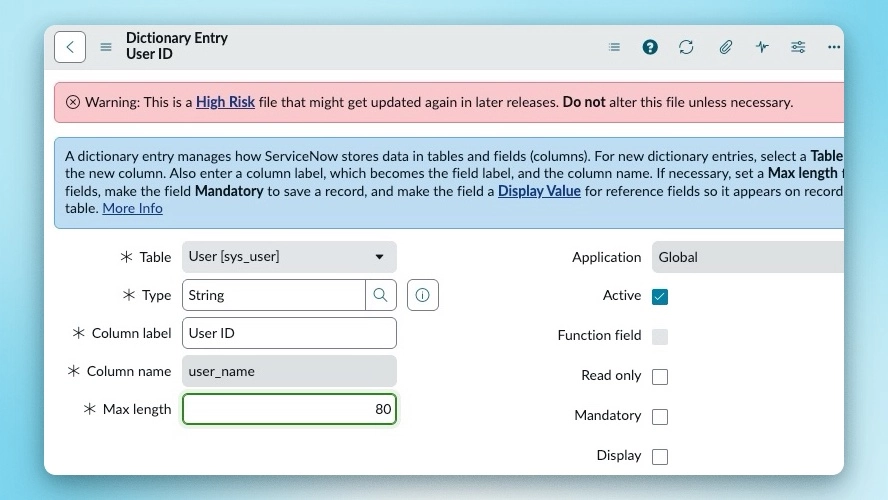 ServiceNow Dictionary entry showing the User ID field set to a max length of 80, with a warning that changing this value is high risk.