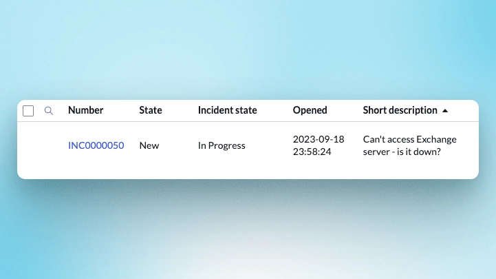 ServiceNow incident list showing a single record where the State is ‘New’ but the Incident state is ‘In Progress’, highlighting a mismatch between the two fields.