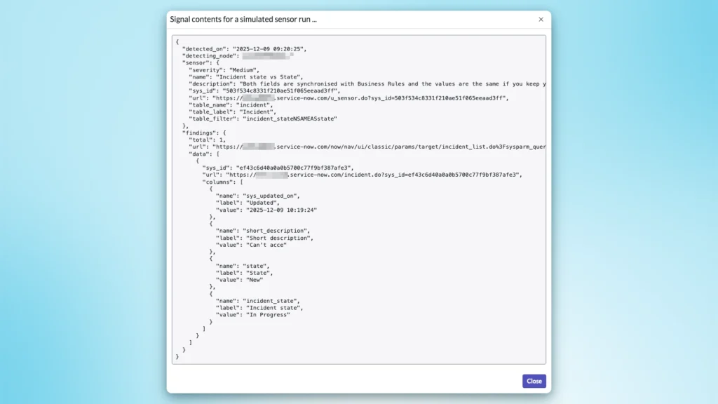 ServiceNow Health Sentinel pop‑up showing JSON signal contents from a simulated sensor run, including one incident where State is ‘New’ and Incident state is ‘In Progress’.