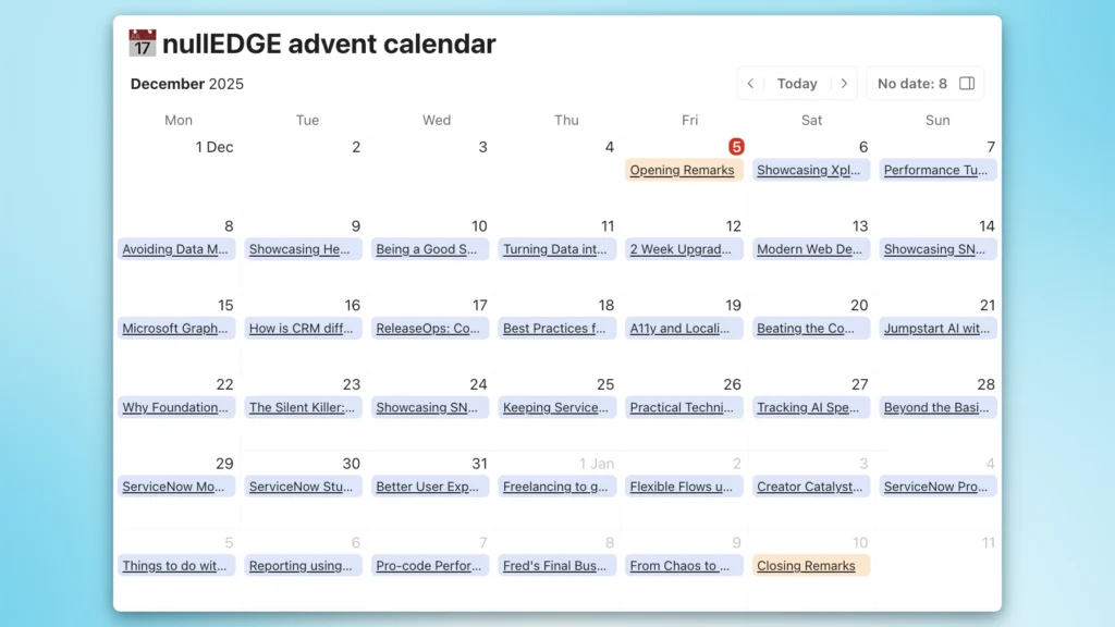 Screenshot of a calendar titled ‘nullEDGE advent calendar’ showing 37 tech sessions scheduled from early December 2025 through early January 2026